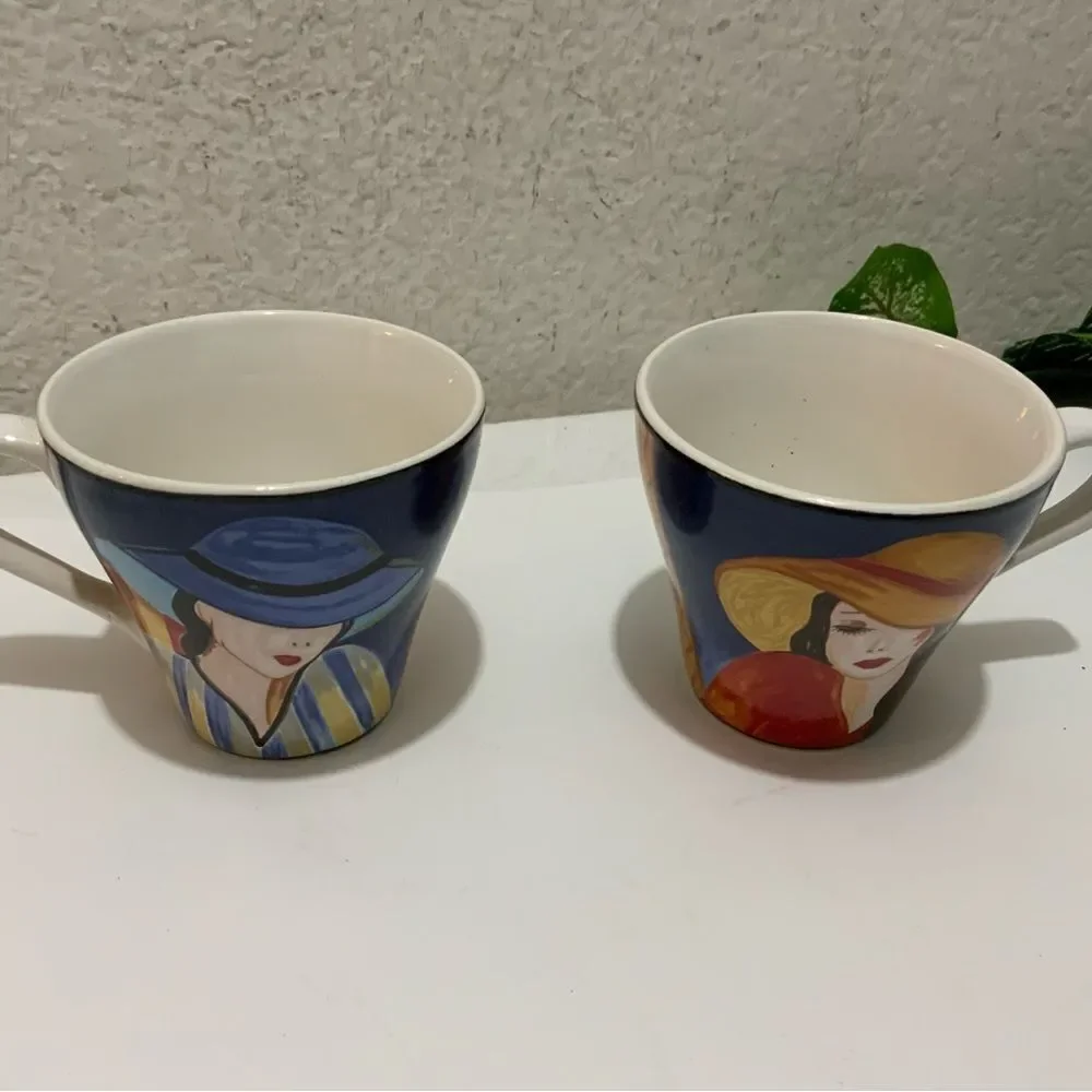 Sango Cafe Paris Microwave Oven Safe Women In Hats Coffee Mug Cups Set Of 2 G3